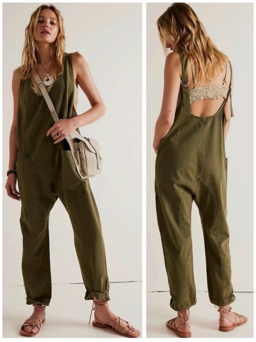 Free People We The Free High Rolle Utility Overalls, XL Loss Green
